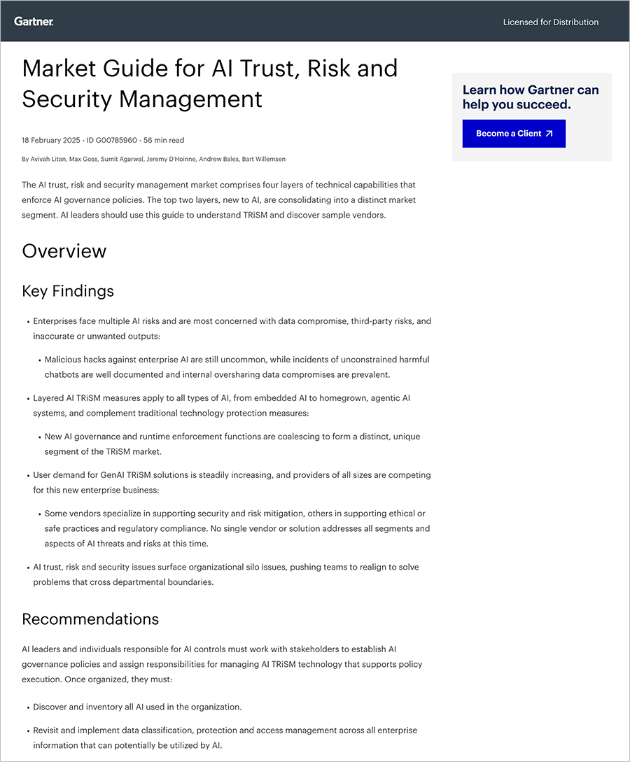 Guía de mercado de Gartner para la gestión de la confianza, el riesgo y la seguridad de la IA .