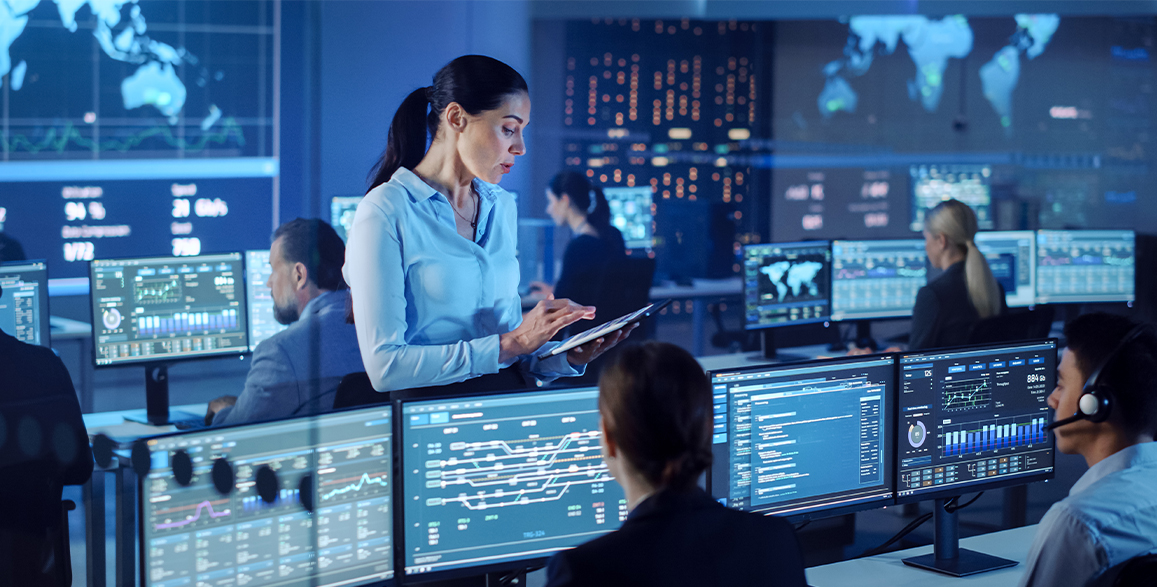 team working in the soc looking at data